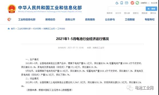 工信部：2021年1－5月锂离子电池产量86.1亿只 营业总额近4千亿元(图1)
